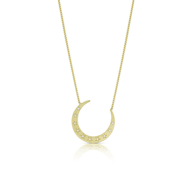 crescent moon and white diamond pendant necklace, in yellow gold <span class='visuallyhidden'>Call, text 323-404-2959 for shopping help.</span>